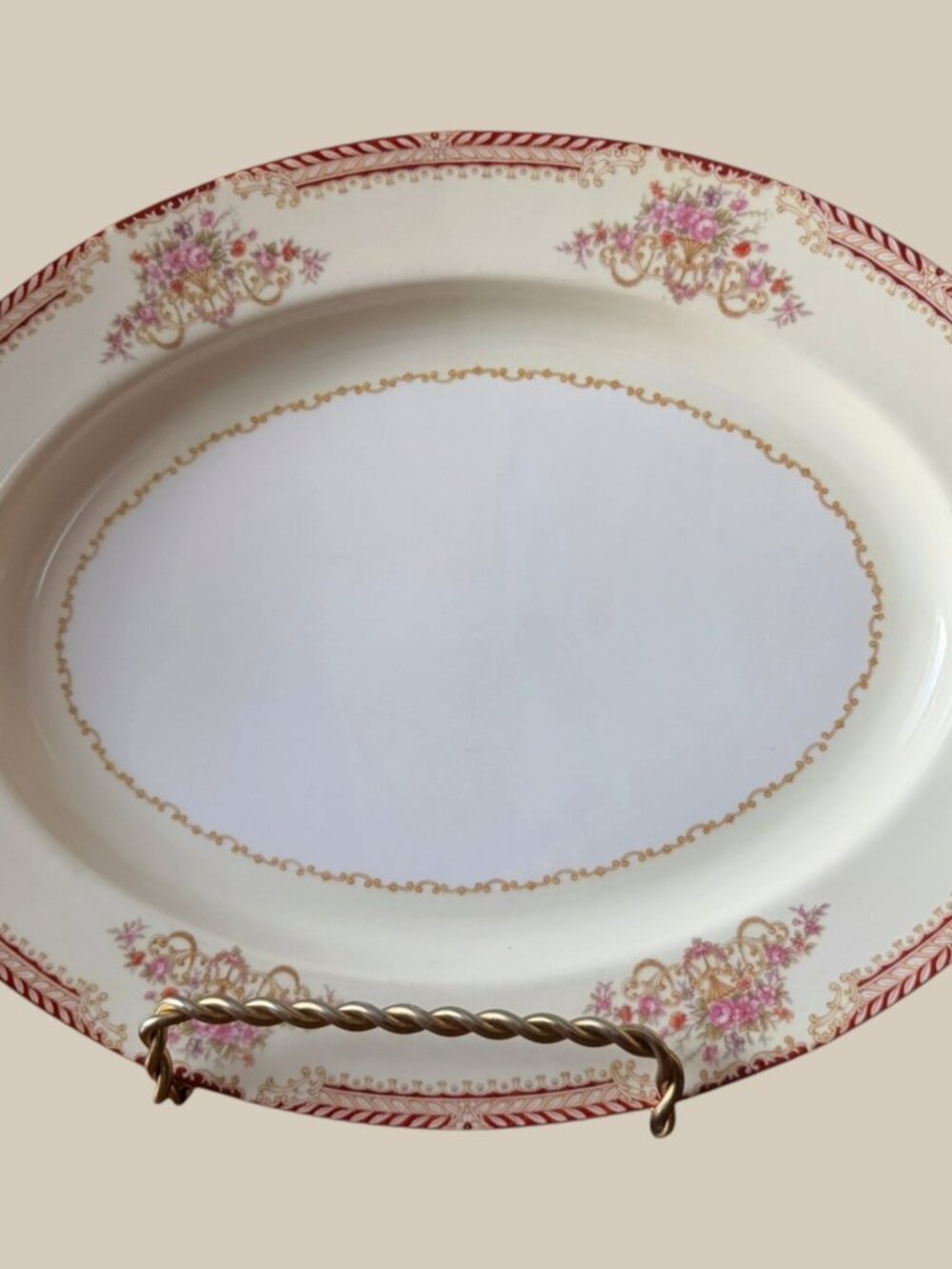 Noritake N3545 Occupied Japan 14" Oval Serving Platter Floral Red Gold 1947